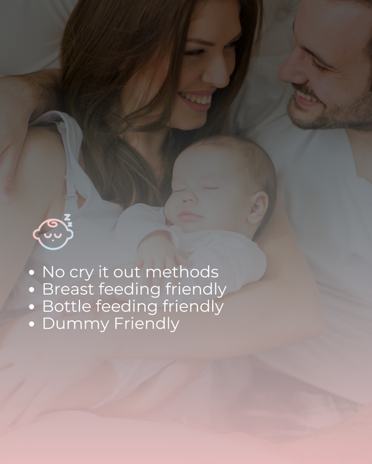 Couple holding a baby with text about feeding methods on a dark background