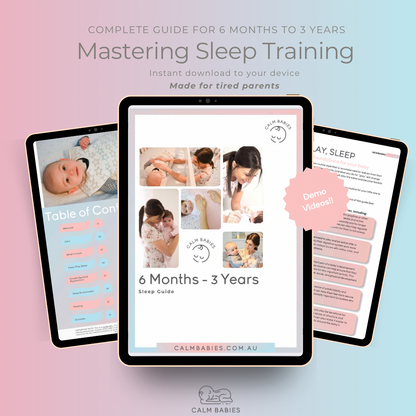 Calm Babies Digital sleep training guide for babies aged 6 months to 3 years on a tablet screen with a pink and blue gradient background.