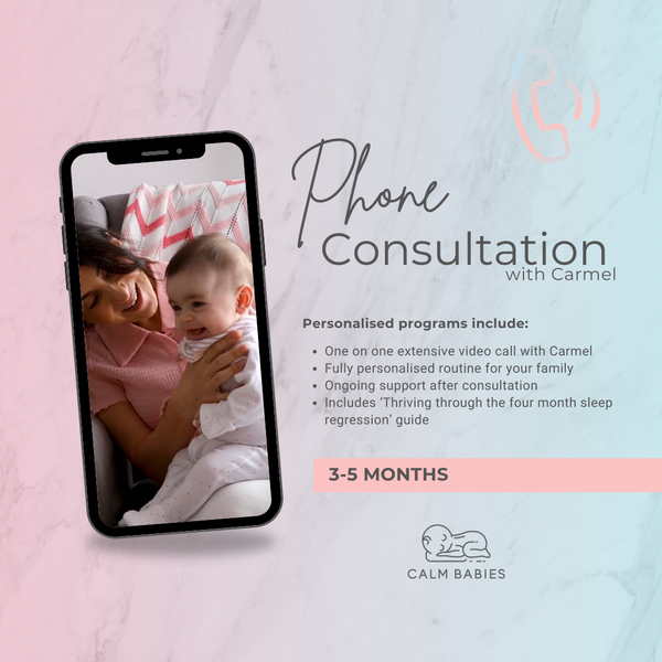 Phone consultation with a baby and mother on a smartphone screen, with text about personalized programs and support from Calm Babies.