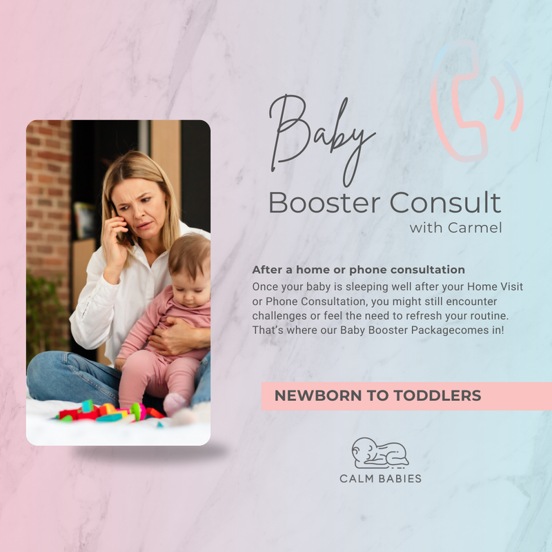 Advertisement for Baby Booster Consult with a woman holding a baby and talking on the phone.