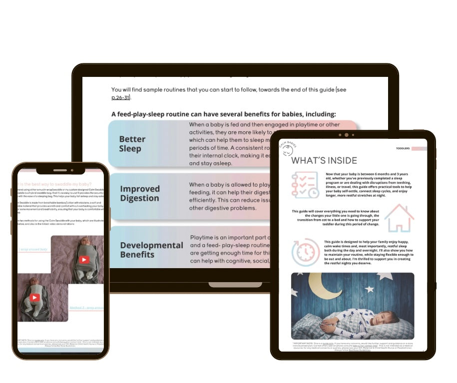 Multiple devices displaying a baby care guide with text and images. Calm Babies sleep guides