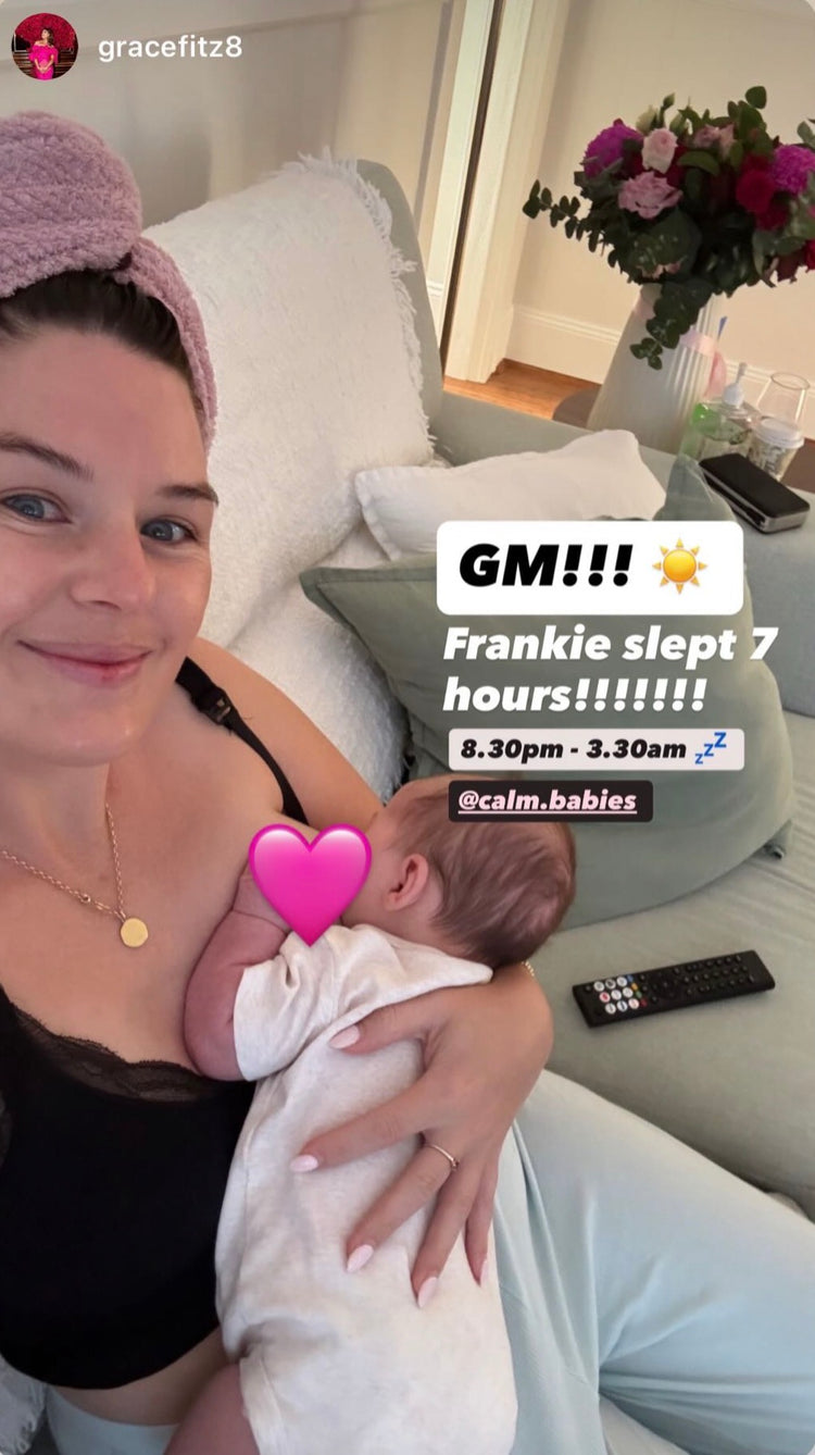 Woman holding a baby with text overlay on a couch thanking Calm Babies