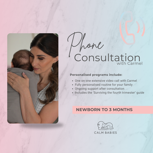 Woman holding a baby with promotional text for 'Phone Consultation with Carmel' from Calm Babies on a soft pink and blue gradient background.