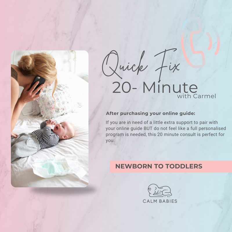 Promotional graphic for a 20-minute consult service for new parents, featuring a woman with a baby and contact information.
