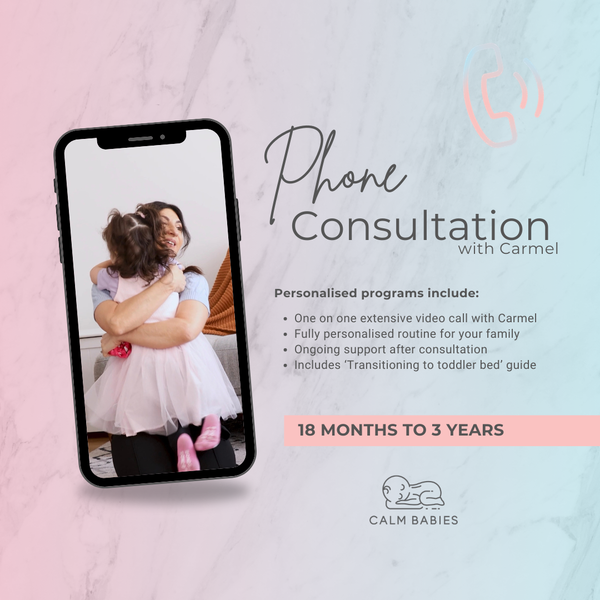 Phone consultation advertisement with a phone displaying a child and text about personalized programs for 18 months to 3 years olds.