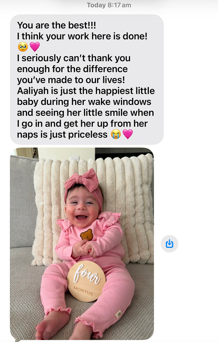 Baby in pink outfit with a 'four' month milestone ball, surrounded by text praising Calm Babies work.