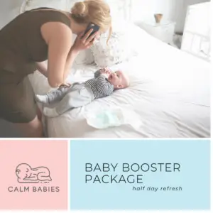 Product photo for Calm Babies of a mum on a phone consultations for her babys sleep.